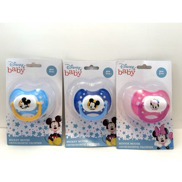 3 Disney Baby Pacifiers 2 Mickey Mouse 1 Minnie Orthodontic BPA Free Blue Pink - Picture 1 of 4